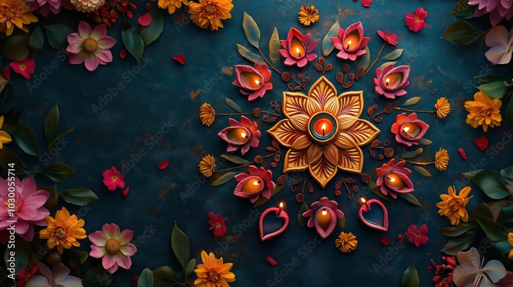 Happy Diwali, burning diya lamps and colorful flowers on a dark background