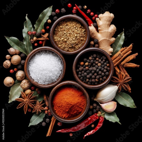 Circular flat lay of spices and herbs on black background with three small bowls of salt, chili powder, and peppercorns. photo