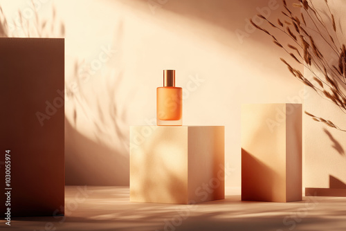 Elegant Perfume Bottle in Minimalist Setting with Warm Aesthetic Lighting