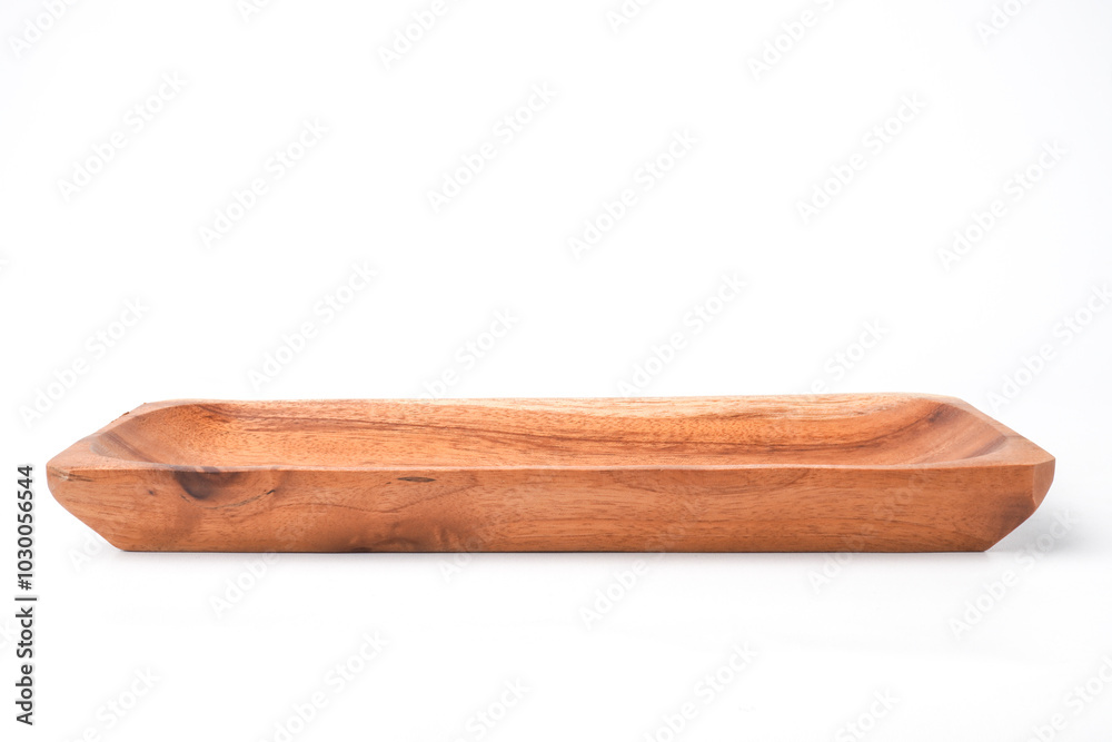 Close-up photo of Wooden sushi plate or tray isolated on white background. Shot on eye-level angle setup. Close-up photo of Wooden sushi plate or tray isolated on white background. Shot on eye-level angle setup.