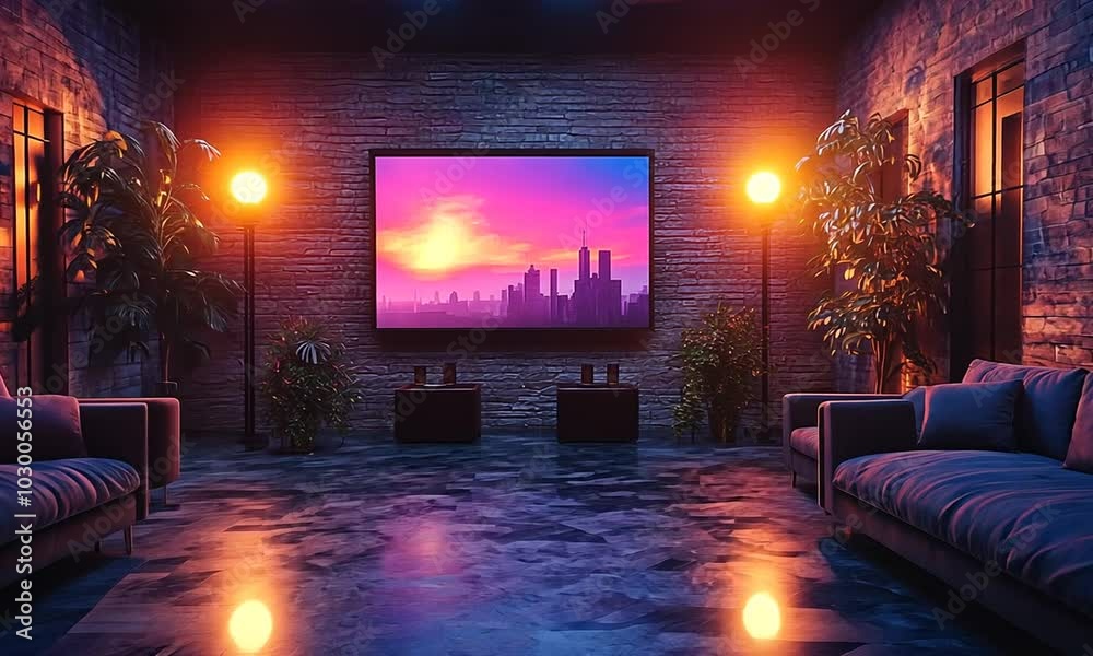 Cozy room with a vibrant sunset view on a large screen. Cozy room with a vibrant sunset view on a large screen.