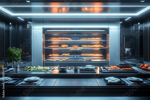 Modern kitchen with stainless steel countertops and a display case filled with food.