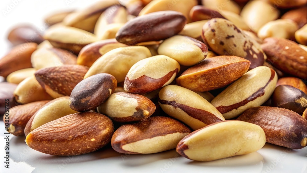 Brazil nuts displayed in detail on a white background, perfect for culinary creativity and healthy snacking, highlighting their nutritional richness and unique flavor. Brazil nuts displayed in detail on a white background, perfect for culinary creativity and healthy snacking, highlighting their nutritional richness and unique flavor.