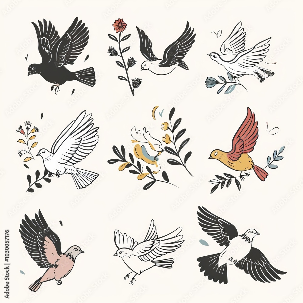 Obraz premium Peace dove icon, pigeons, dove twigs doodle sketched collection. Flying birds silhouettes on white
