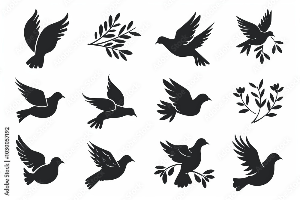 Peace dove graffiti, pigeons, twigs ink illustration. Flying birds silhouettes monochrome flat icons