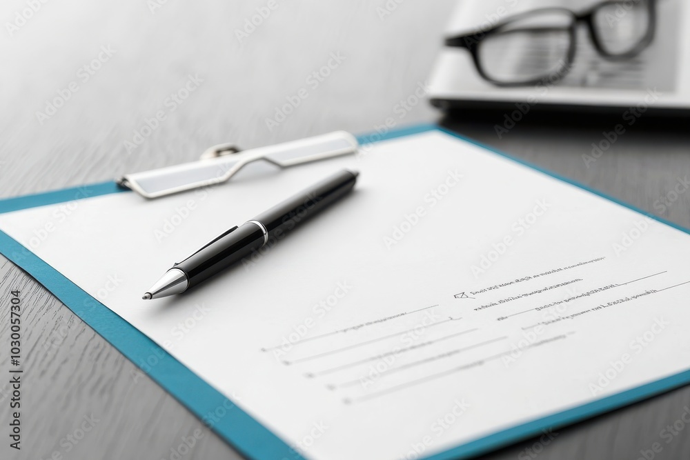 A sleek pen resting on a clipboard with blank paper, perfect for taking notes or signing documents. A sleek pen resting on a clipboard with blank paper, perfect for taking notes or signing documents.