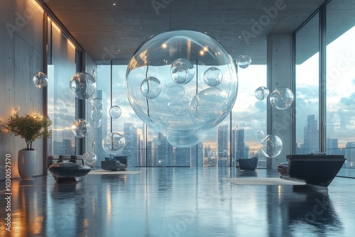 Modern loft interior with large glass orbs floating above the city skyline.