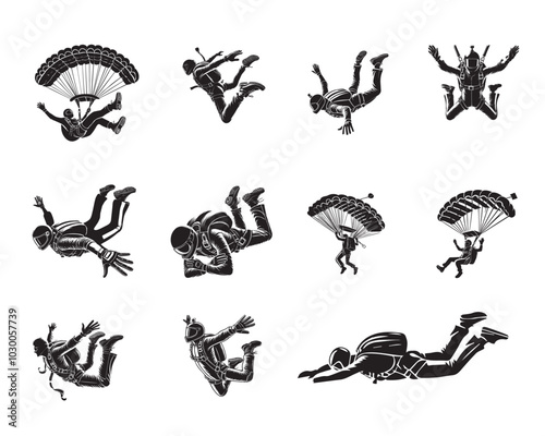 Skydiving Silhouette Design Bundle - Parachuting vector illustration in black and white

