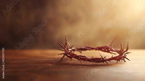 Crown of thorns rests on wooden surface, symbolizing suffering and sacrifice