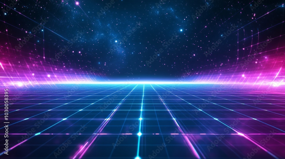 Abstract futuristic grid with neon glowing light lines and digital particles against a dark background.