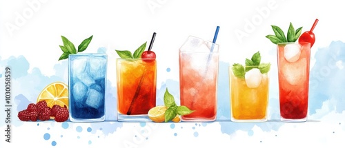 A vibrant collection of refreshing cocktails in various glasses, featuring colorful ingredients and garnishes.