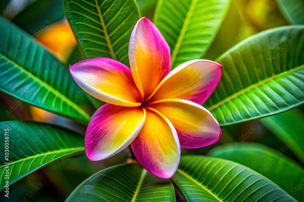 Close Up of Frangipani Flower with Lush Green Leaves - Tropical Floral Beauty, Nature Photography, Exotic Plants, Vibrant Colors, Macro Shot, Botanical Art, Summer Vibes, Serenity Close Up of Frangipani Flower with Lush Green Leaves - Tropical Floral Beauty, Nature Photography, Exotic Plants, Vibrant Colors, Macro Shot, Botanical Art, Summer Vibes, Serenity