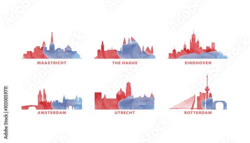 Netherlands cities skyline vector logo, icon set. Flat watercolor Amsterdam, Rotterdam, Eindhoven, The Hague, Maastricht, Utrecht silhouette. Isolated graphic collection