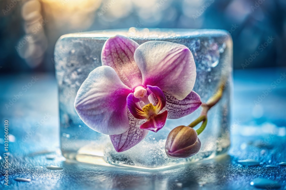Close-Up Tilt-Shift Photography of a Frozen Orchid in an Ice Cube, Capturing Nature's Beauty in Unique Ice Art, Floral Ice Cube, Botanical Freeze, Macro Orchid Photography Close-Up Tilt-Shift Photography of a Frozen Orchid in an Ice Cube, Capturing Nature's Beauty in Unique Ice Art, Floral Ice Cube, Botanical Freeze, Macro Orchid Photography