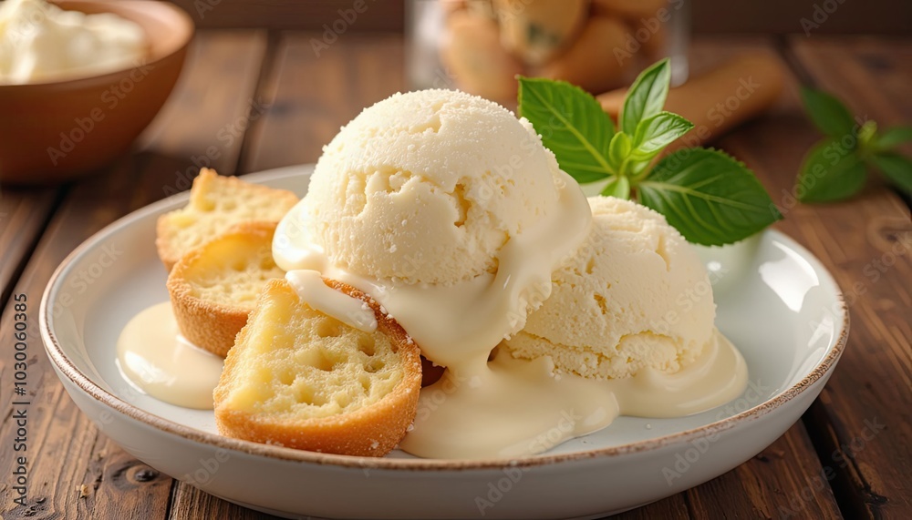 A bowl of crème brûlée ice cream with nuts stands on the table. A bowl of crème brûlée ice cream with nuts stands on the table.
