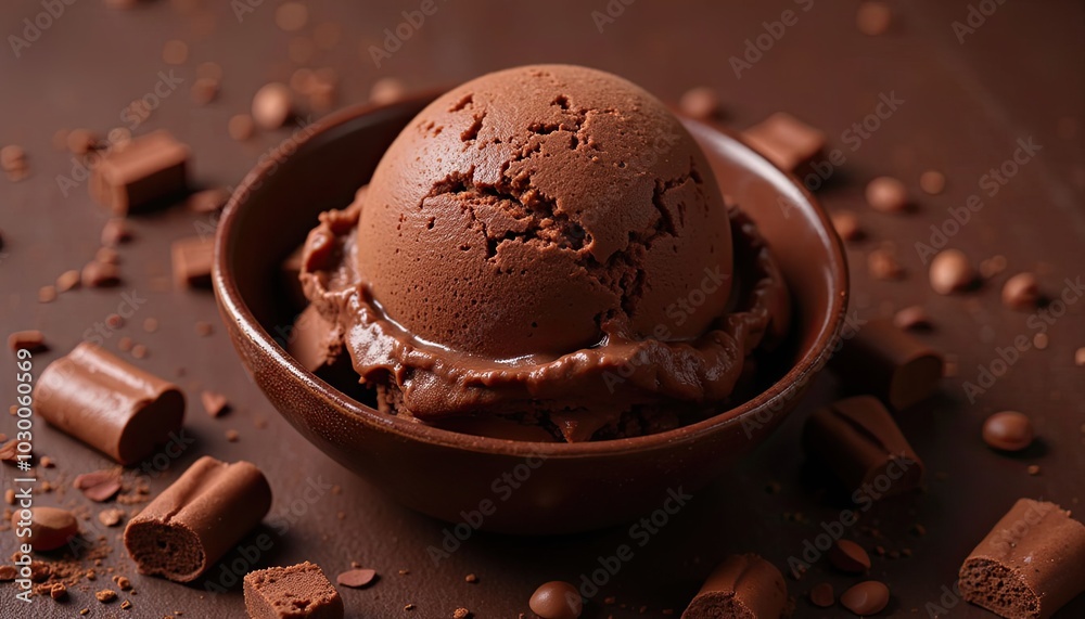 A bowl of chocolate ice cream stands on a brown surface. A bowl of chocolate ice cream stands on a brown surface.