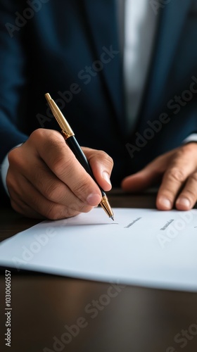 Businessman signing a contract with a pen on a document.