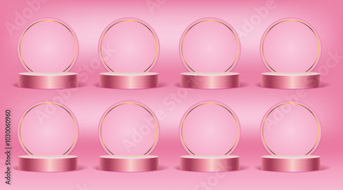 Set of abstract pink, cylinder pedestal podium. Luxury minimal wall scene collection. Modern vector illustration 