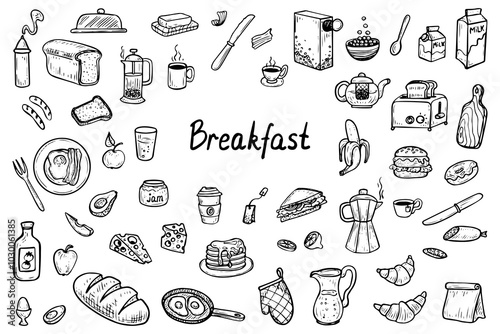 Breakfast food set hand drawn doodle. Ingredients, drinks, utensils for morning meal. Eggs, pancakes, fruits, bread, butter, coffee, juice. Glass, plate, fork. Vector sketch line art illustration.