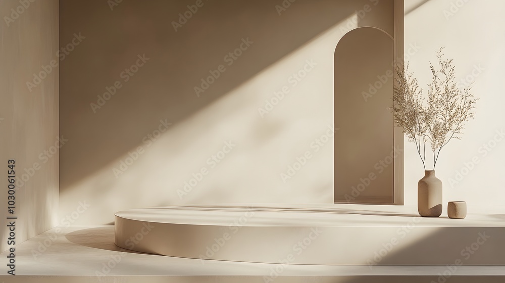64. **A minimalist scene with gentle curves enhancing the product is visual interest.