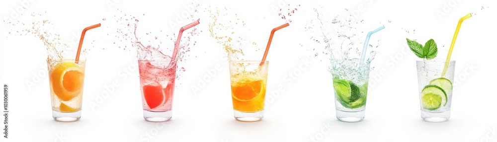 custom made wallpaper toronto digitalColorful cocktails splashing in glasses with fruits on a white isolated background.