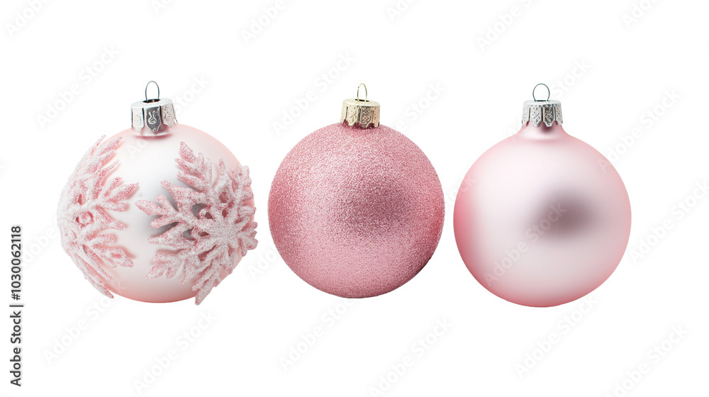Three Pink Christmas Ornaments with Snowflake with Transparent Background Three Pink Christmas Ornaments with Snowflake with Transparent Background