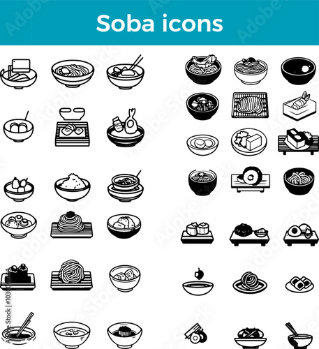 Soba icons line Japanese buckwheat noodle bowl chopsticks vector traditional food cuisine illustration set