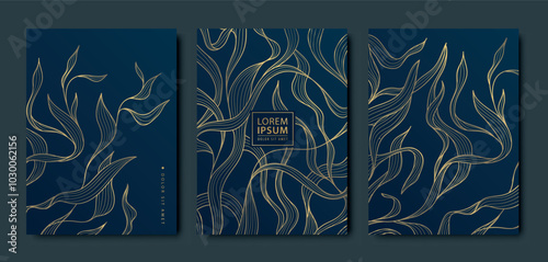 Vector set of gold luxury floral leaf cards, abstract beauty plant design, nature cover. Wedding, menu, birthday flyer, vintage invitation