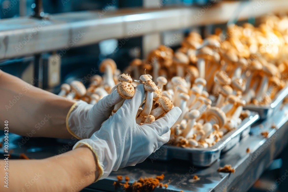 Fototapeta premium Mushrooms Production Line, Food Industry, Working on Automated Production Lines in Mushroom Factory