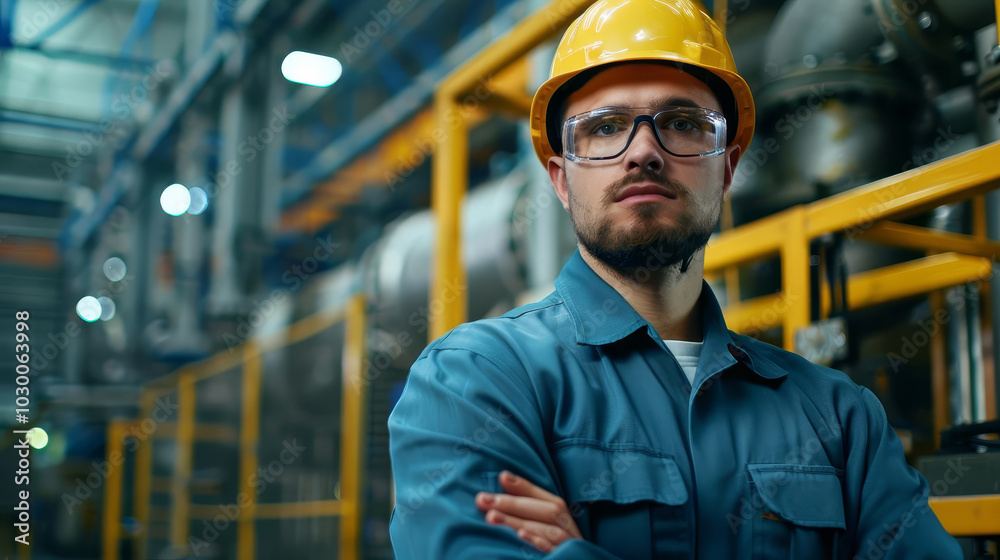 Industrial worker in a factory, wearing a yellow hard hat and safety glasses. Industrial worker in a factory, wearing a yellow hard hat and safety glasses.
