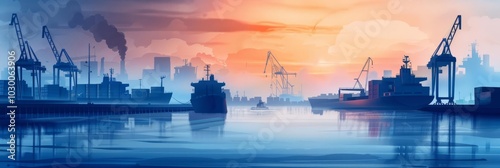 Silhouetted cargo ships at a busy port at sunset. photo