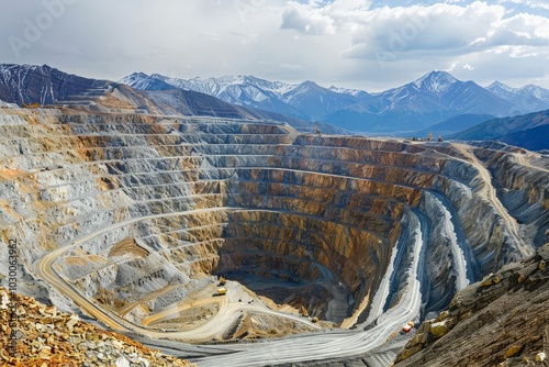 Aerial view of a large open pit mine with a lake at the bottom. photo