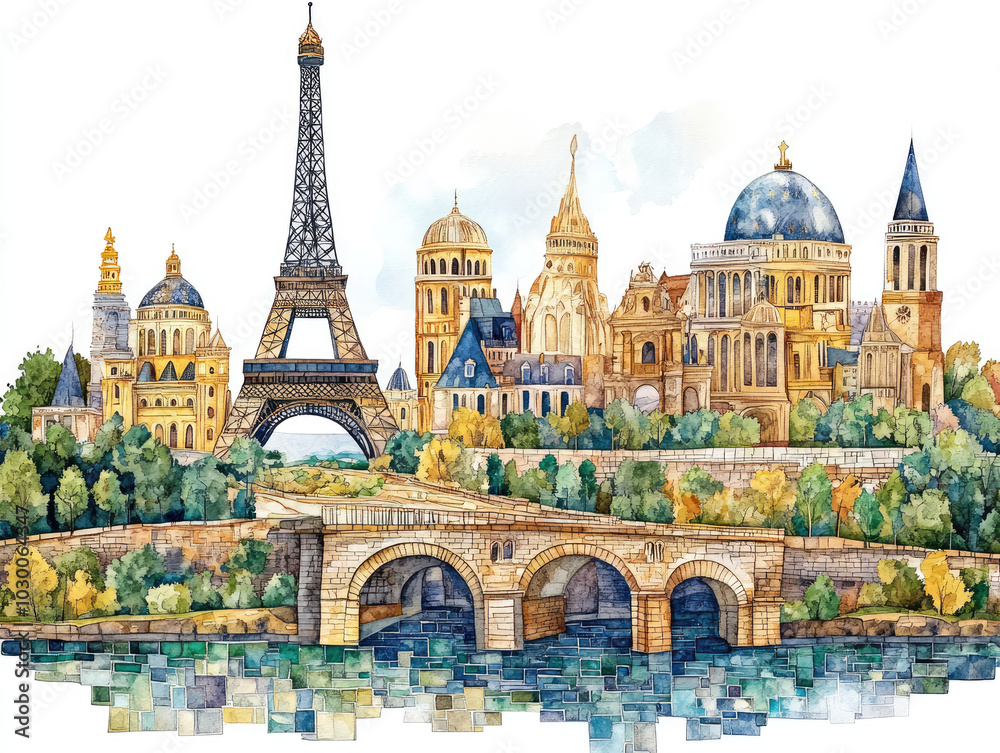 Naklejka premium Iconic Paris landmarks with Eiffel Tower and bridge reflections 