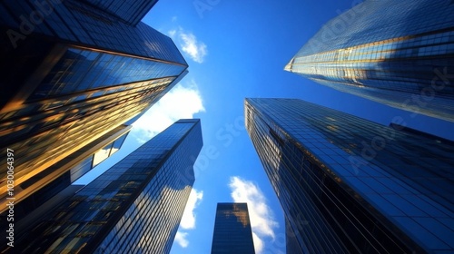 Modern cityscape featuring tall skyscrapers with reflective glass windows under a bright blue sky and wispy clouds.