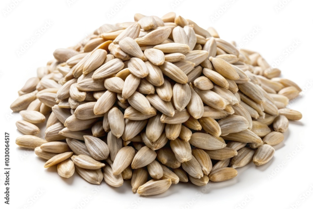 Delight in the taste of shelled salted sunflower seeds on a crisp white background. A healthy snack option packed with flavor and nutrition for an active lifestyle! Delight in the taste of shelled salted sunflower seeds on a crisp white background. A healthy snack option packed with flavor and nutrition for an active lifestyle!