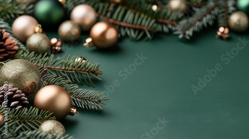 Christmas ornaments and pine branches on a green background with copy space.