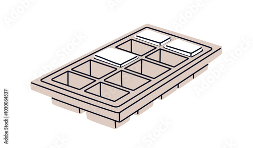 Ice tray, mold. Cold frozen icy blocks in half empty silicon container, form. Plastic box, freezer accessory, icebox for making icecubes, cooling. Flat vector illustration isolated on white background