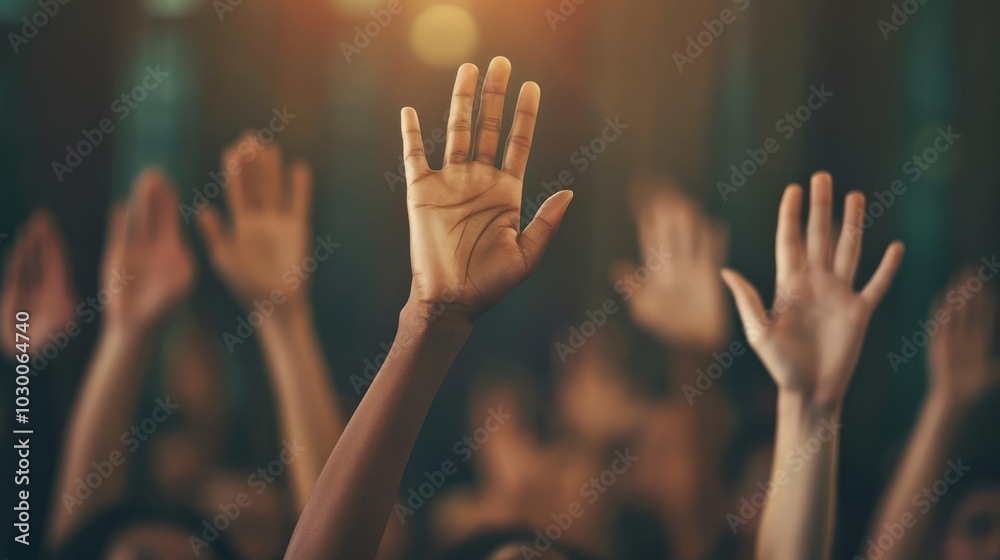 A crowd of people raise their hands in the air during a concert. A crowd of people raise their hands in the air during a concert.