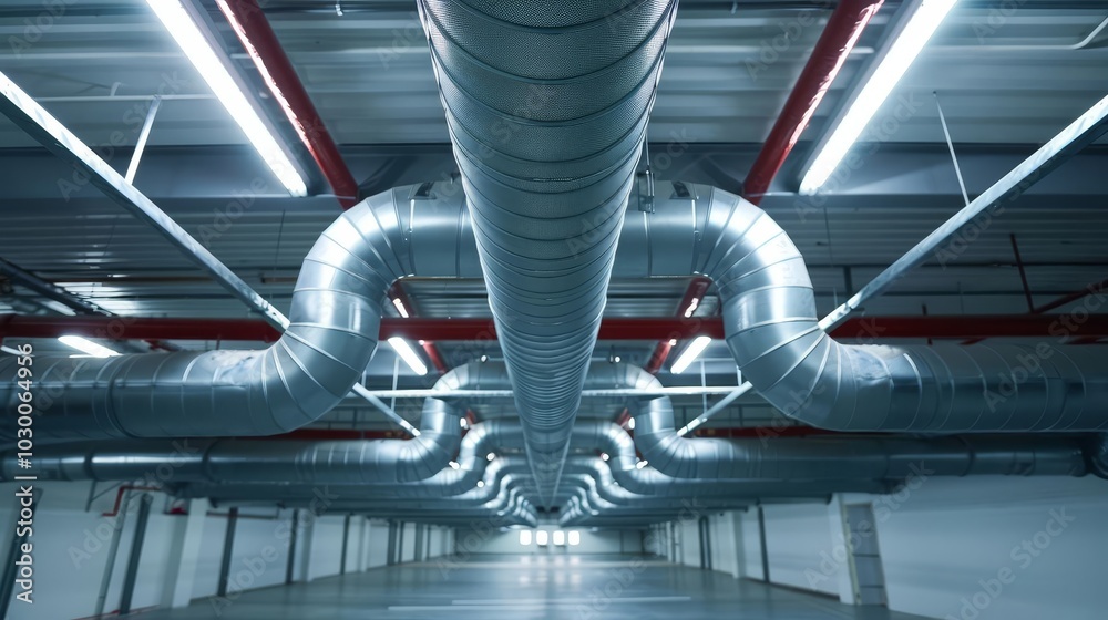 Industrial metal ventilation ducts in a modern building. Industrial metal ventilation ducts in a modern building.