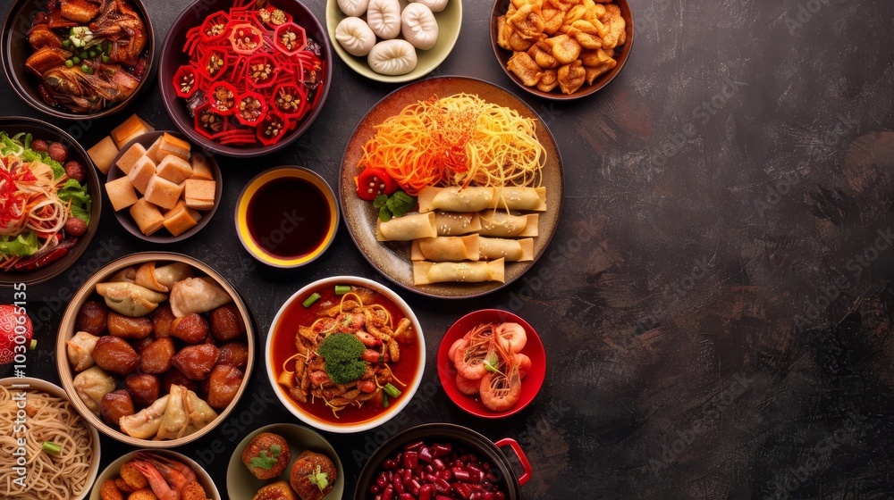 Assortment of delicious Chinese dishes on a rustic background. Assortment of delicious Chinese dishes on a rustic background.