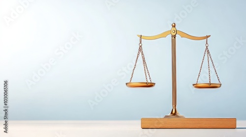 Gold balance scales on a white isolated background symbolizing justice and fairness.