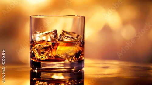 Glass of Whiskey with Ice on a Golden Background