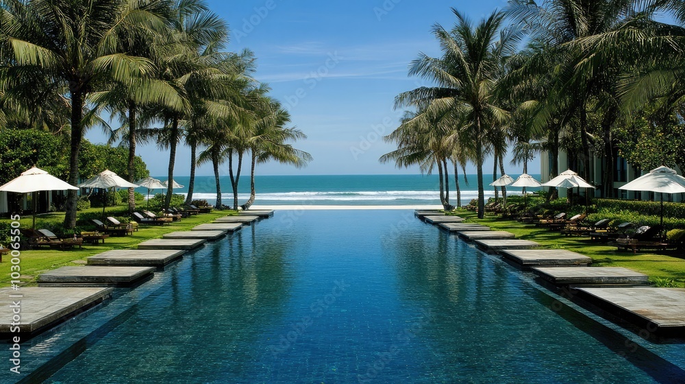 Fototapeta premium Serene Beachfront Pool with Palm Trees and Ocean View