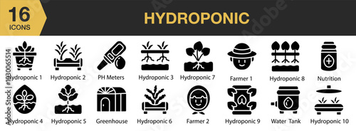 Hydroponic solid icon set. Includes farmer, greenhouse, hydroponic, nutrition, ph meter, water tank, and More. Solid icons vector collection.