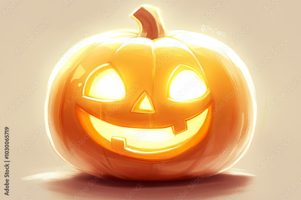 Glowing carved pumpkin with a smiling face. Digital illustration. Hand-drawn Halloween pumpkin illustration. Glowing carved pumpkin with a smiling face. Digital illustration. Hand-drawn Halloween pumpkin illustration.