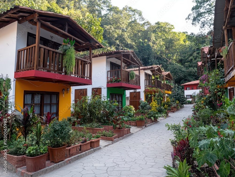 Fototapeta premium Charming colorful homes with vibrant terraced gardens creating a picturesque neighborhood scene.