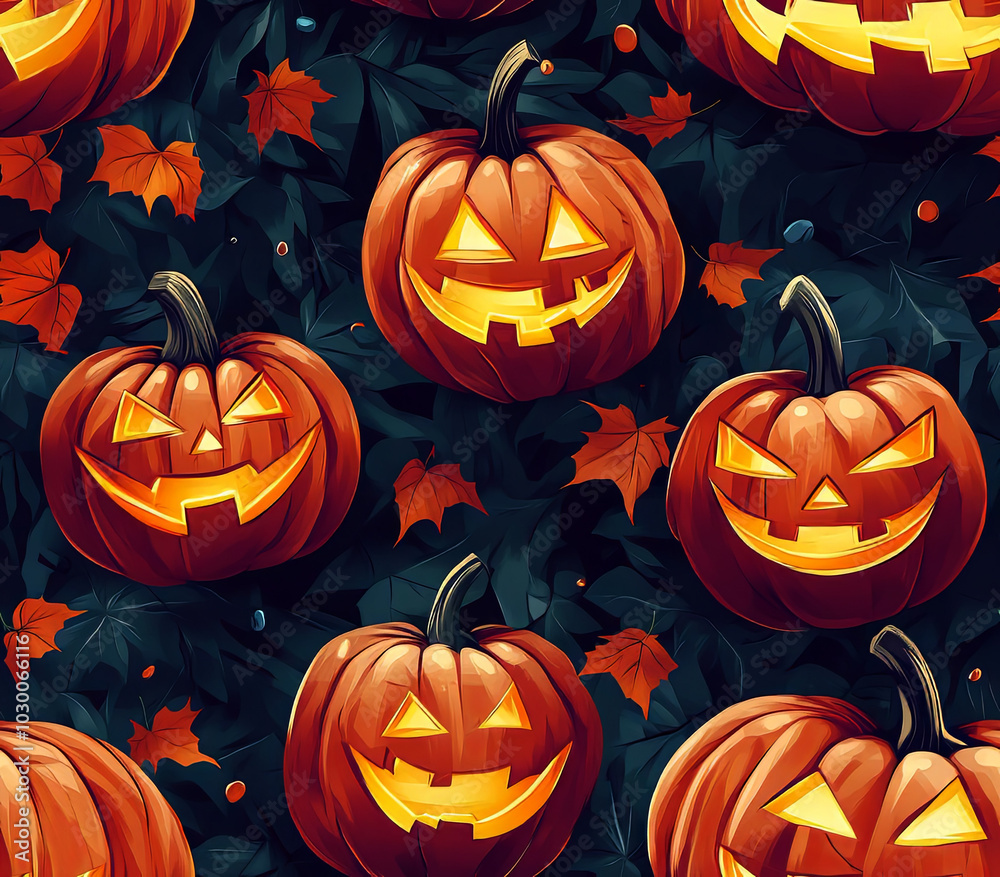 Seamless Halloween pattern with glowing jack-o'-lanterns and autumn leaves on dark background. Halloween pumpkin pattern. Seamless Halloween pattern with glowing jack-o'-lanterns and autumn leaves on dark background. Halloween pumpkin pattern.
