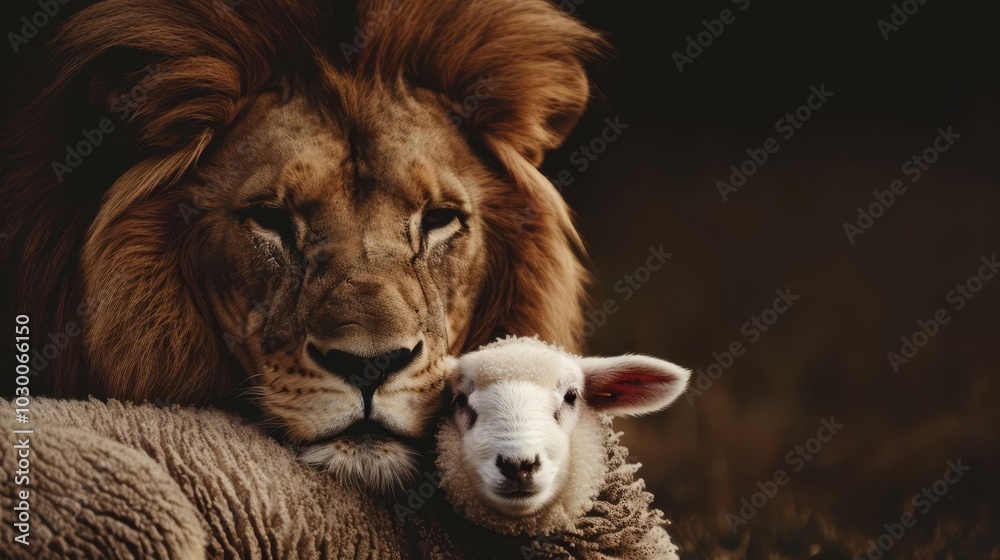 Fototapeta premium A lion and a lamb lying peacefully together, symbolizing peace and harmony.