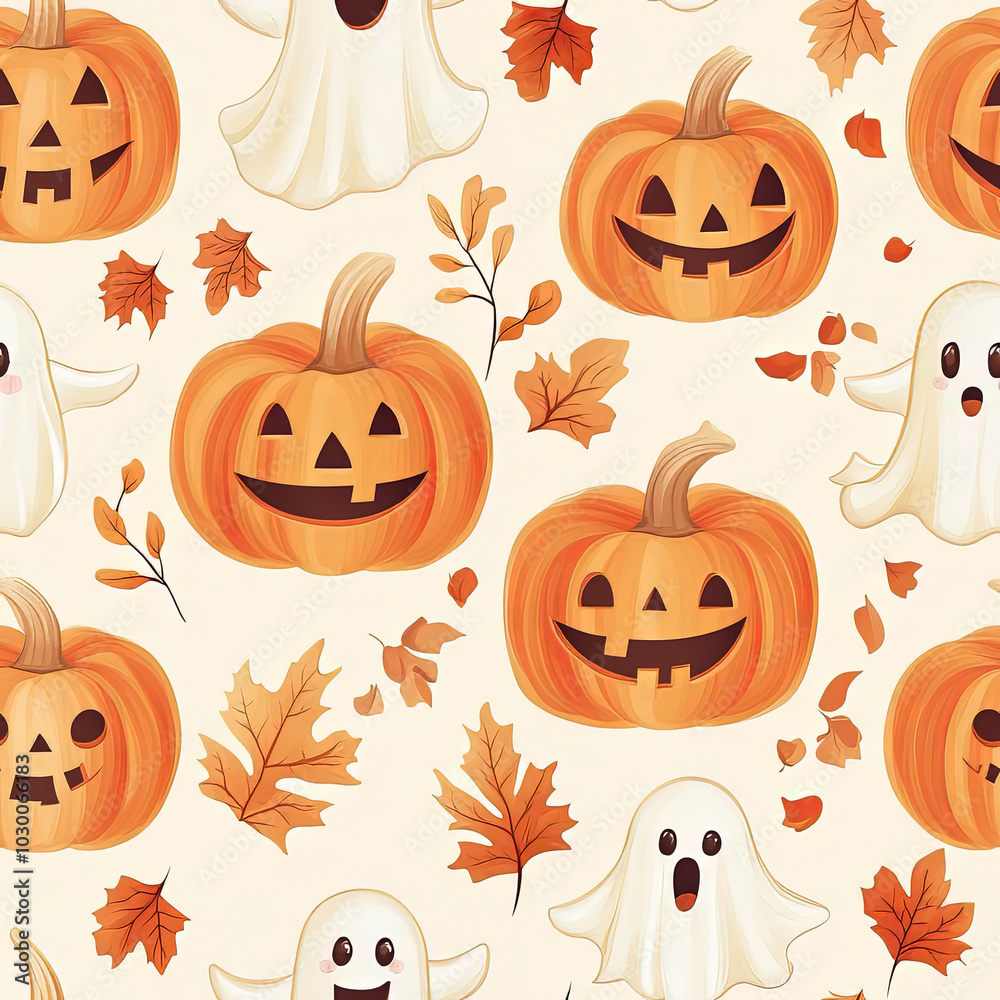 Seamless Halloween pattern with jack-o'-lanterns, ghosts, and autumn leaves on beige background. Seamless Halloween pattern with jack-o'-lanterns, ghosts, and autumn leaves on beige background.