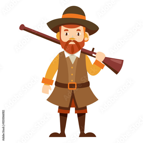 Pilgrim with Gun: A charming and whimsical illustration of a Pilgrim man holding a musket, capturing the spirit of early American history with a touch of humor. 